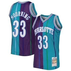Alonzo Mourning Charlotte Hornets Hardwood Classics 1992/93 Split Swingman Jersey Teal/Purple Superbe - Pour les fans de la ligue - Un maillot authentique de la compétition
