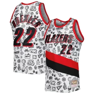 Clyde Drexler Portland Éclatant Trail Blazers 1991 92 Hardwood Classics Doodle Swingman Jersey White - Maillot authentique - Reproduit avec soin